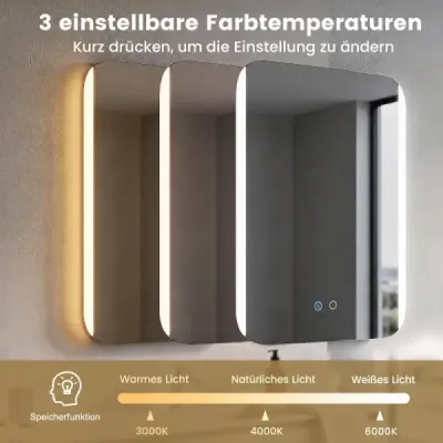 Kúpeľňové zrkadlo s LED osvetlením, 3 farby svetla, stmievateľné a plynulé nastavenie jasu, 70 x 50 cm