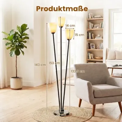 Stojaca lampa 153 cm so 3 päticami E27, čitateľská lampa s 3 žiarovkami a čiernym tienidlom