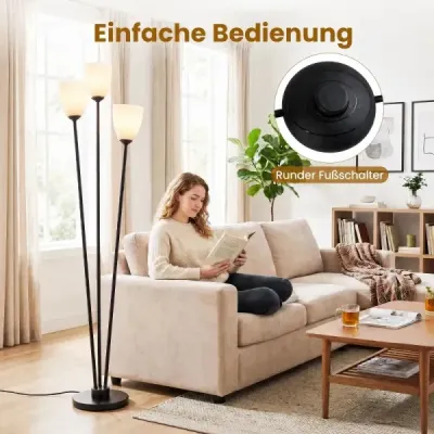 Stojaca lampa 153 cm so 3 päticami E27, čitateľská lampa s 3 žiarovkami a čiernym tienidlom