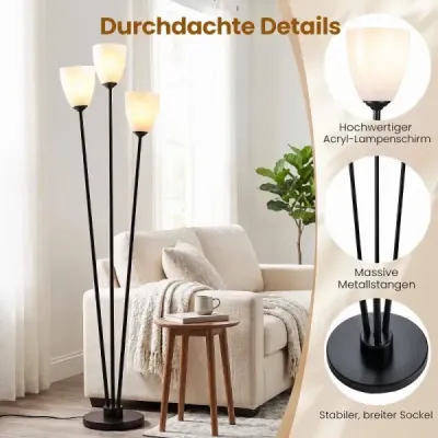 Stojaca lampa 153 cm so 3 päticami E27, čitateľská lampa s 3 žiarovkami a čiernym tienidlom