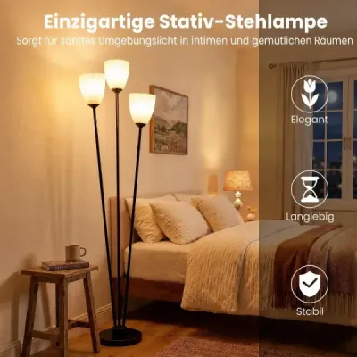 Stojaca lampa 153 cm so 3 päticami E27, čitateľská lampa s 3 žiarovkami a čiernym tienidlom