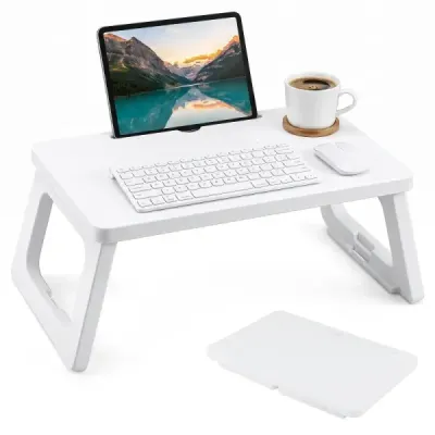 Nočný stolík so sklopnými nožičkami a priehradkou na tablet – stolík na raňajky, jedenie a čítanie, biely
