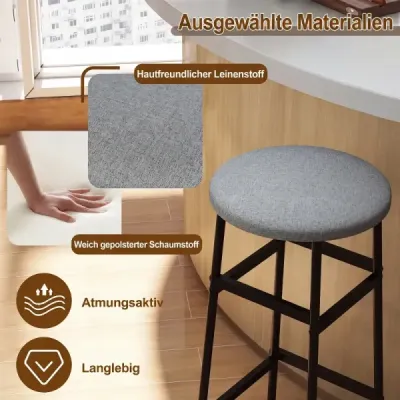 Sada 2 barových stoličiek, okrúhla ľanová barová stolička s podnožkou, kuchynská stolička s kovovým rámom, šedá