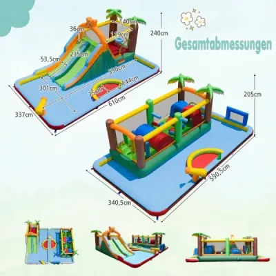 Nafukovací vodný park pre deti, skákací hrad s 2 šmykľavkami, skákacia plocha, lezecká stena a hra s hodom krúžkami