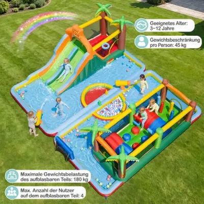 Nafukovací vodný park pre deti, skákací hrad s 2 šmykľavkami, skákacia plocha, lezecká stena a hra s hodom krúžkami