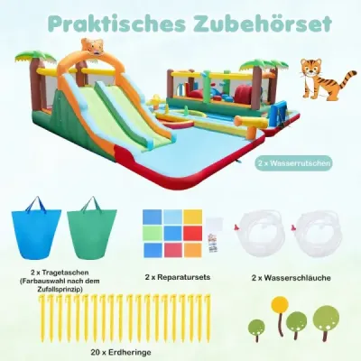 Nafukovací vodný park pre deti, skákací hrad s 2 šmykľavkami, skákacia plocha, lezecká stena a hra s hodom krúžkami
