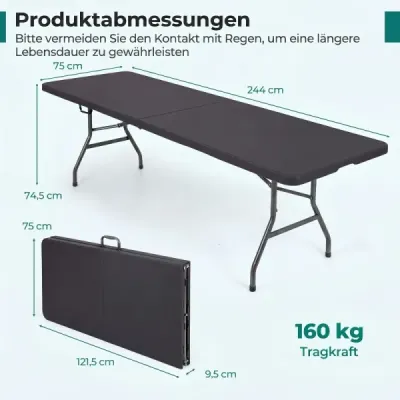 Skladací záhradný stôl 244 x 75 cm, kempingový stôl s rukoväťou, XXL pre 10 osôb, čierny