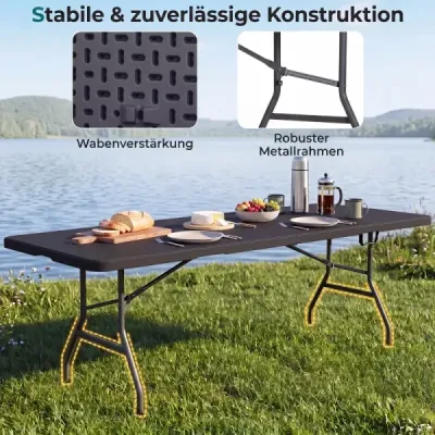 Skladací záhradný stôl 244 x 75 cm, kempingový stôl s rukoväťou, XXL pre 10 osôb, čierny