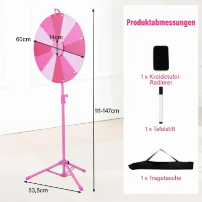 60 cm Koleso šťastia s 12 priehradkami a skladacím výškovo nastaviteľným statívom, ružové