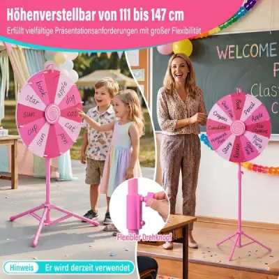 60 cm Koleso šťastia s 12 priehradkami a skladacím výškovo nastaviteľným statívom, ružové