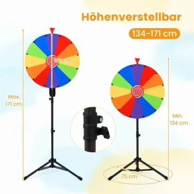 Koleso štastia s priemerom 75 cm s 12 utierateľnými časťami. Nastaviteľná výška od 134 do 171 cm. Viacfarebné.
