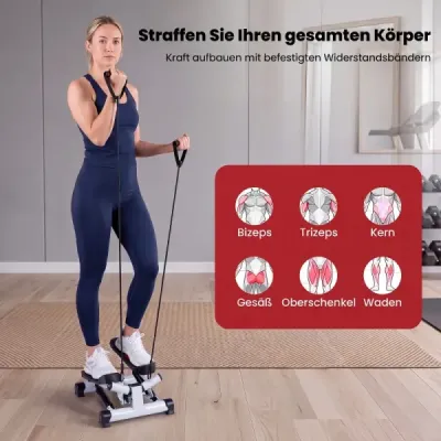 Mini stepper pre domáce použitie s odporovými páskami, nosnosť až 75 kg, rozmery 37 x 39,5 x 23,5 cm