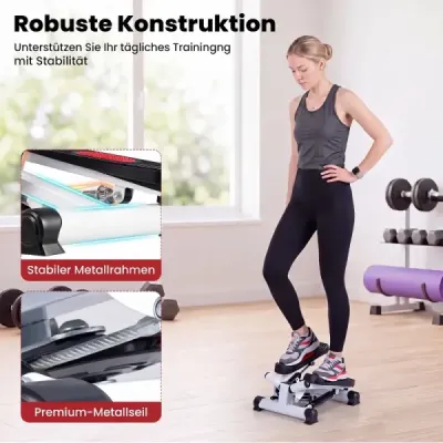 Mini stepper pre domáce použitie s odporovými páskami, nosnosť až 75 kg, rozmery 37 x 39,5 x 23,5 cm