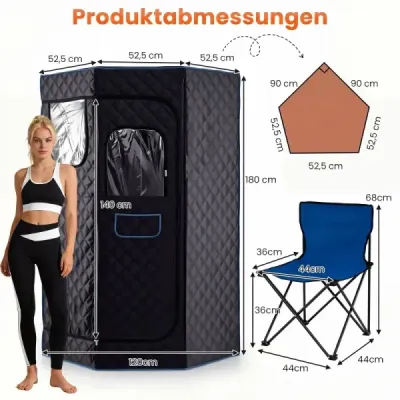Parná sauna – prenosná domáca sauna s 9 teplotnými stupňami, saunový stan s diaľkovým ovládaním a časovačom, čierna