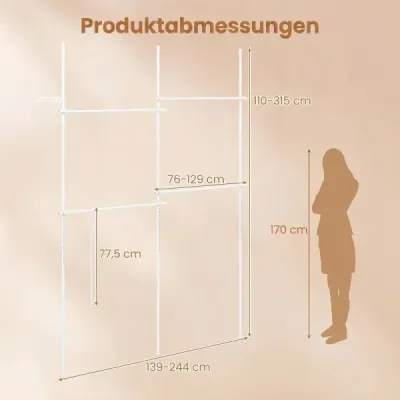 Teleskopický vešiak na oblečenie, nastaviteľný do výšky a šírky, kovový vešiak na oblečenie so 4 tyčami, biely
