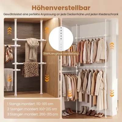 Teleskopický vešiak na oblečenie, nastaviteľný do výšky a šírky, kovový vešiak na oblečenie so 6 tyčami, biely
