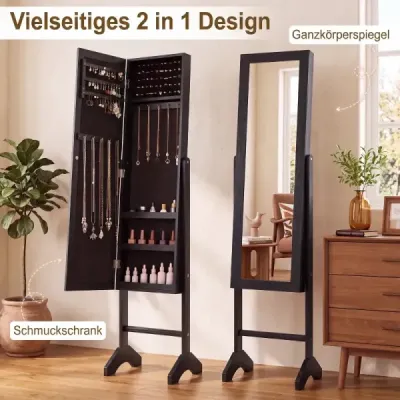 Skriňa na šperky 2 v 1 s robustným dreveným rámom, celotelovým zrkadlom a 3 policami, 35 x 34 x 154 cm, čierna