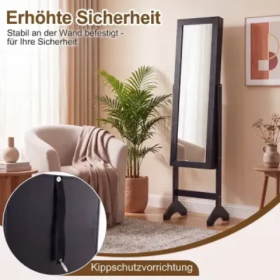 Skriňa na šperky 2 v 1 s robustným dreveným rámom, celotelovým zrkadlom a 3 policami, 35 x 34 x 154 cm, čierna