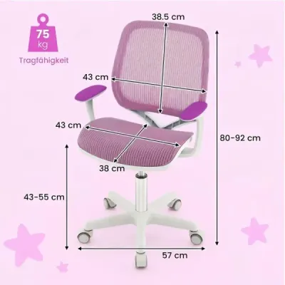 Výškovo nastaviteľná detská otočná stolička s brzdou sedadla, ergonomická písacia stolička, kancelárska stolička fialová