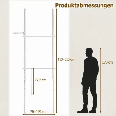 Teleskopický vešiak na oblečenie, nastaviteľný do výšky a šírky, kovový vešiak na oblečenie s 2 tyčami, biely