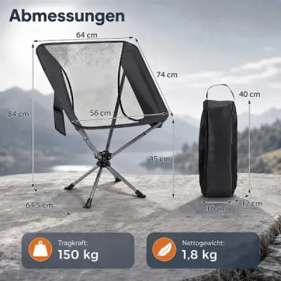 Otočná kempingová stolička, skladacia, nosnosť do 150 kg, s držiakom na nápoje a bočným vreckom, čierna