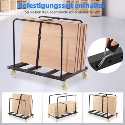 Vozík na dosky s aretovateľnými kolieskami a brzdou  prepravný vozík s oceľovým rámom s nosnosťou až 815 kg
