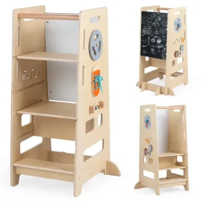Dvojstupňovo výškovo nastaviteľná stolička 4 v 1 – drevená montessori vzdelávacia veža, 52 x 50 x 89 cm, prírodná farba