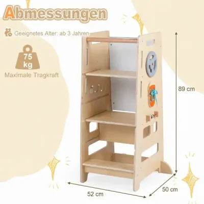 Dvojstupňovo výškovo nastaviteľná stolička 4 v 1 – drevená montessori vzdelávacia veža, 52 x 50 x 89 cm, prírodná farba