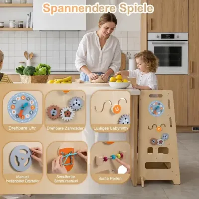 Dvojstupňovo výškovo nastaviteľná stolička 4 v 1 – drevená montessori vzdelávacia veža, 52 x 50 x 89 cm, prírodná farba