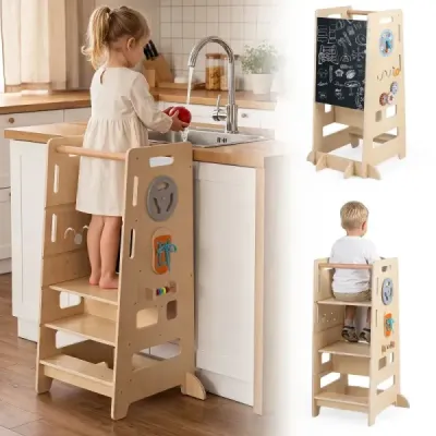 Dvojstupňovo výškovo nastaviteľná stolička 4 v 1 – drevená montessori vzdelávacia veža, 52 x 50 x 89 cm, prírodná farba
