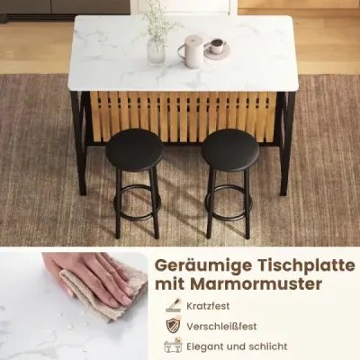 Barový set – 3-dielna jedálenská súprava v elegantnom mramorovom vzhľade, barový stôl s 2 barovými stoličkami