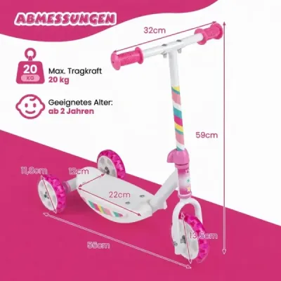 Detský kolobežka s tromi kolesami a LED osvetlením, protisklzová nášľapná plocha, nosnosť 20 kg, ružová