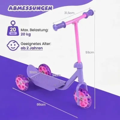 Kolobežka pre deti, trojkolka, detská kolobežka so svietiacimi LED kolesami pre deti od 2 rokov, fialová