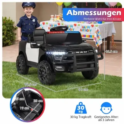 12V detské elektrické auto s diaľkovým ovládaním, blikajúcim modrým svetlom a originálnymi zvukmi sirény, čierne
