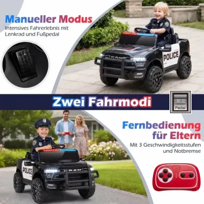 12V detské elektrické auto s diaľkovým ovládaním, blikajúcim modrým svetlom a originálnymi zvukmi sirény, čierne