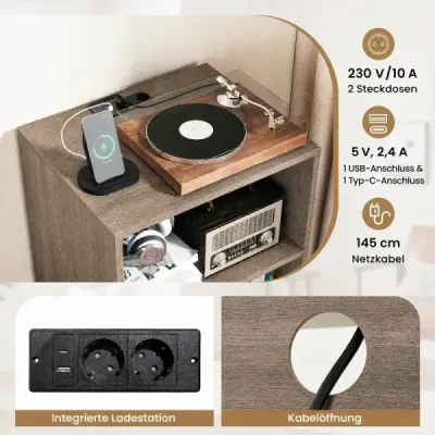 Stojan na gramofón Stojan na gramofón s nabíjacou stanicou, priehradkou na vinylové platne a ďalšími priehradkami, sivý
