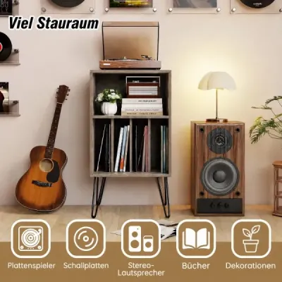 Stojan na gramofón Stojan na gramofón s nabíjacou stanicou, priehradkou na vinylové platne a ďalšími priehradkami, sivý