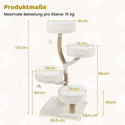 132 cm drevený škrabadlo pre mačky so 4 plošinami, béžové