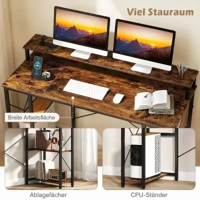 Počítačový stôl s LED osvetlením, zásuvkami a stojanom na monitor, 120 x 50 x 87 cm, hnedý