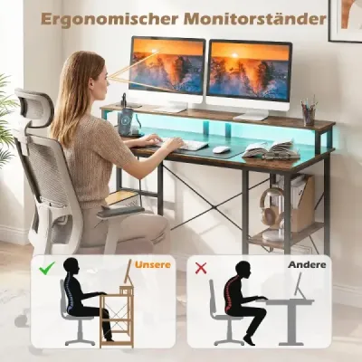 Počítačový stôl s LED osvetlením, zásuvkami a stojanom na monitor, 120 x 50 x 87 cm, hnedý