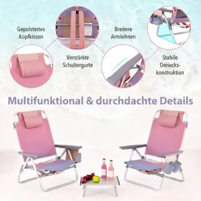 3-dielna súprava plážového kresla a stola vonkajšie lehátka s rolovacím kempingovým stolom ružová