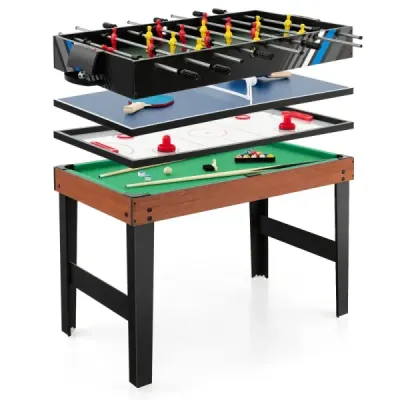 Multifunkčný herný stôl 4 v 1, 125 cm – stolný futbal, biliard, airhockey, stolný tenis s príslušenstvom do detskej izby, čierny
