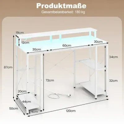 Počítačový stôl s LED osvetlením, zásuvkami a stojanom na monitor, 120 x 50 x 87 cm, biely