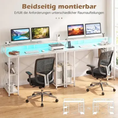 Počítačový stôl s LED osvetlením, zásuvkami a stojanom na monitor, 120 x 50 x 87 cm, biely