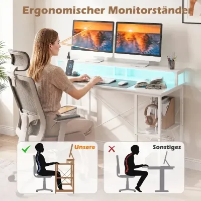 Počítačový stôl s LED osvetlením, zásuvkami a stojanom na monitor, 120 x 50 x 87 cm, biely