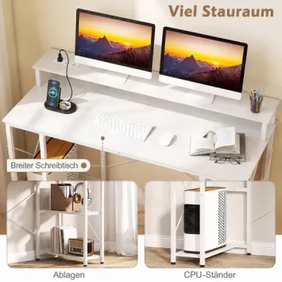 Počítačový stôl s LED osvetlením, zásuvkami a stojanom na monitor, 120 x 50 x 87 cm, biely