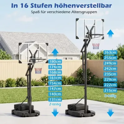 Basketbalový kôš s PE doskou, vonkajší basketbalový systém, 215-260 cm, výškovo nastaviteľný v 8 smeroch