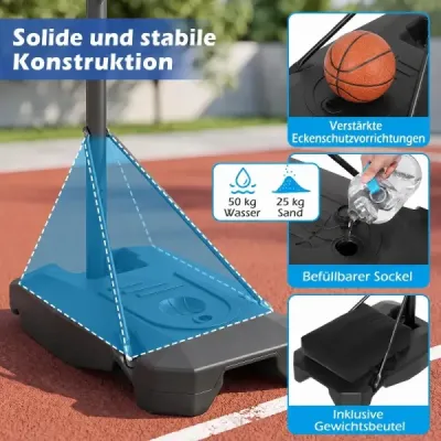 Basketbalový kôš s PE doskou, vonkajší basketbalový systém, 215-260 cm, výškovo nastaviteľný v 8 smeroch