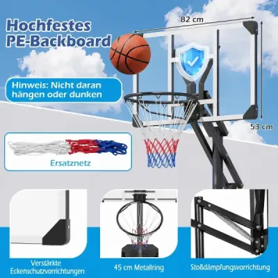 Basketbalový kôš s PE doskou, vonkajší basketbalový systém, 215-260 cm, výškovo nastaviteľný v 8 smeroch
