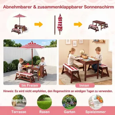 Detská drevená sedacia súprava so slnečníkom, detský piknikový stôl s 2 lavicami, odnímateľný sedák, červená